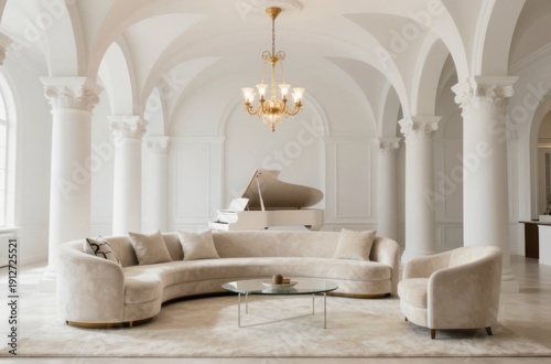 Elegant living room with piano featuring curved sofa, chandelier, arches and white color palette