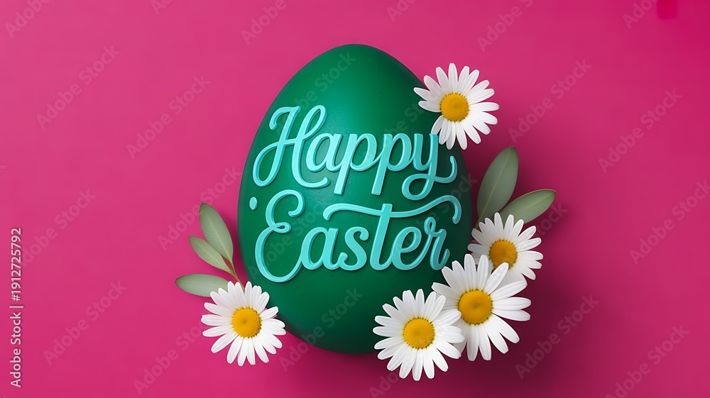 Fototapeta premium Happy easter green egg with flowers on pink background 