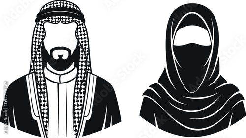 Traditional Arab Couple Avatars Featuring Middle Eastern Man in Keffiyeh and Agal with Muslim Woman Wearing Black Niqab and Hijab