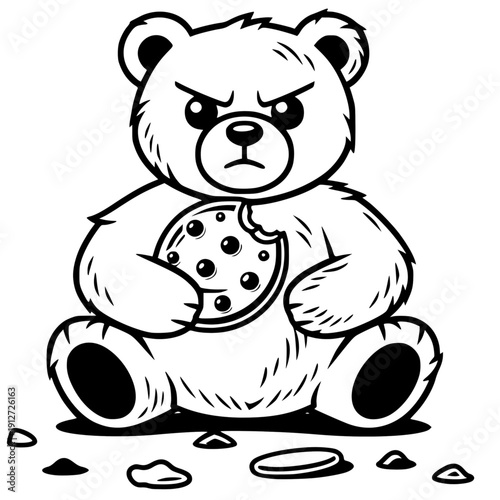 Grumpy Bear and Cookie: A cartoon bear, filled with a touch of discontent, clutches a half-eaten cookie in its paw, with crumbs scattered around. 