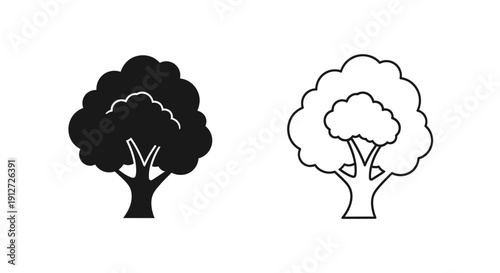 Two trees with different colored leaves, one black and one white, standing side by side. Vector