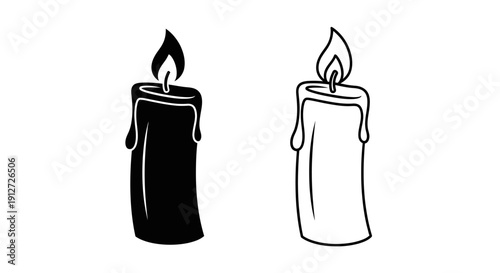 Two lit candles, one black and one white, with flames burning brightly. Vector