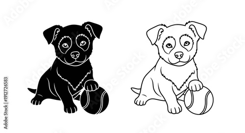 Cute black and white puppies playing with ball, dog illustration, vector art Vector