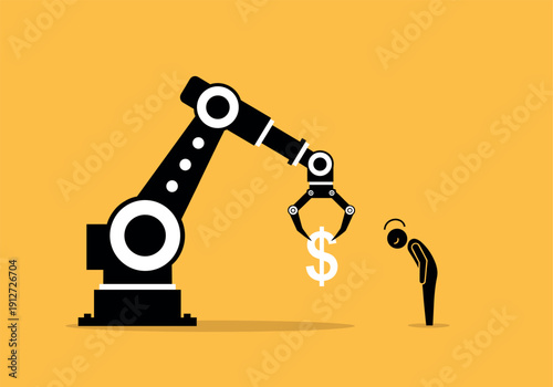 Automation and job loss concept illustration with robotic arm holding dollar symbol replacing worker in modern economy