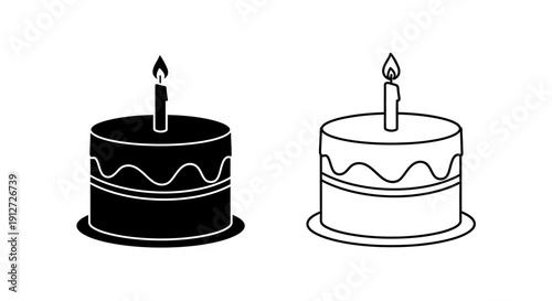 Two birthday cakes with candles on top, simple black and white illustration Vector