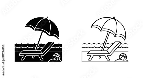 Beach umbrella and lounge chair set with sand and water background Vector