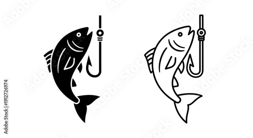 Two black and white fish with hooks in their mouths, representing fishing and angling. Vector
