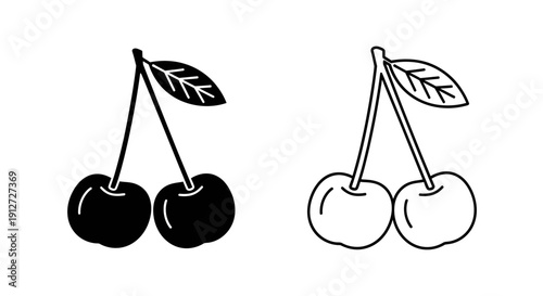 Two cherries with leaves illustration, black and white line drawing, vector art Vector