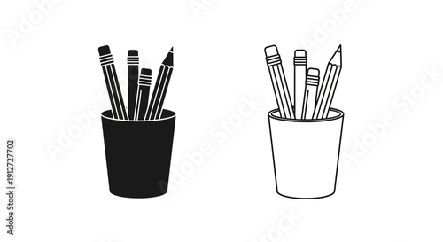Two cups with pencils and pens, black and white, simple line art, minimalist design. Vector