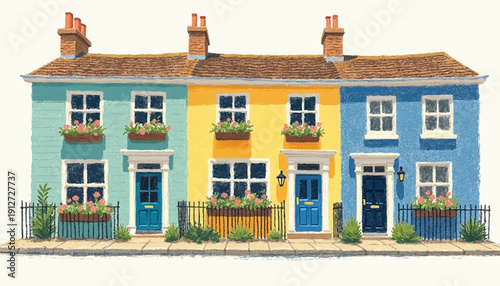 Colorful row of traditional British townhouses.