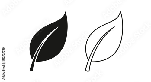 Two stylized leaves, one black and white, the other outlined in black and white, on a white background. Vector