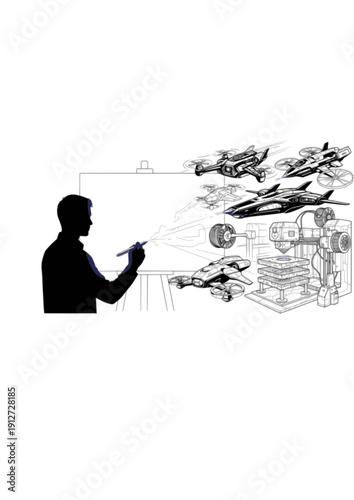 Future Craft and 3D Printing Silhouette Artist Drawing with Tech Pen Vector Illustration