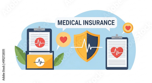 Medical insurance concept with clipboard shield and heart rate icons on blue background