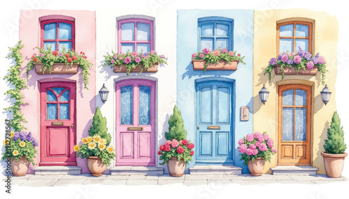 colorful houses with flowers and plants.