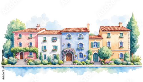 Colorful illustration of Mediterranean houses by water.