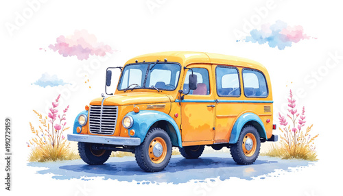 Vintage yellow school bus illustration.