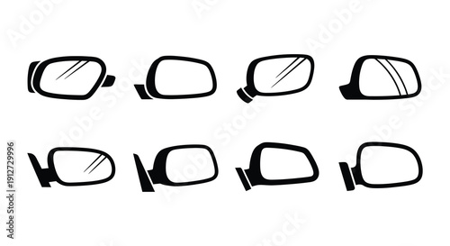Variety of car rearview mirror designs in a black and white illustration
