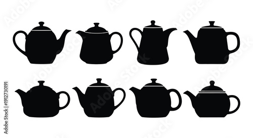 Silhouette collection of various teapots arranged in two rows