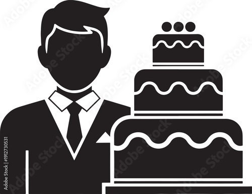 Black and white of a man in a suit with a three tiered cak