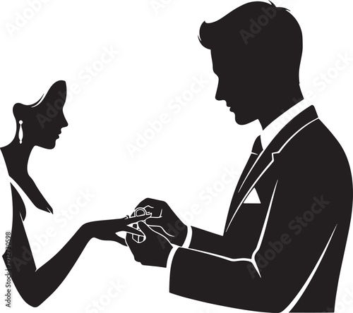 Black and white of a man proposing with a ring to a woman silhouette proposal
