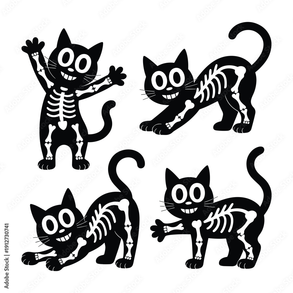 Obraz premium Four adorable black cat skeleton illustrations in cheerful poses, perfect for Halloween and festive graphic elements.