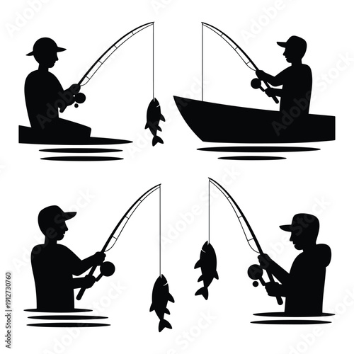 Collection of fishing silhouettes, men and women fishing from boats and shore.