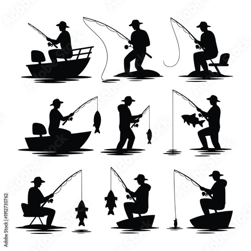 Silhouettes of fishermen on boats and on shore, catching fish, vector illustrations.