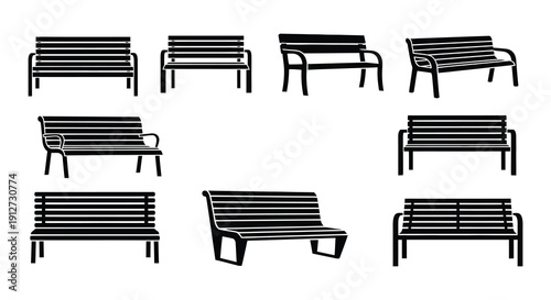 Collection of black park benches in various styles and perspectives