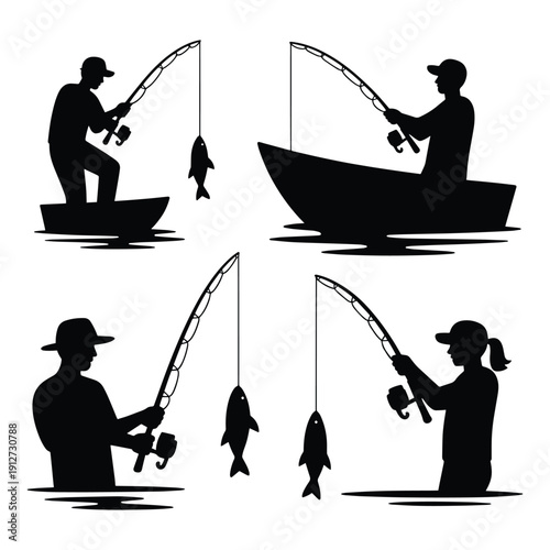 Diverse fishing silhouettes showing men and women with catches in boats and on land.
