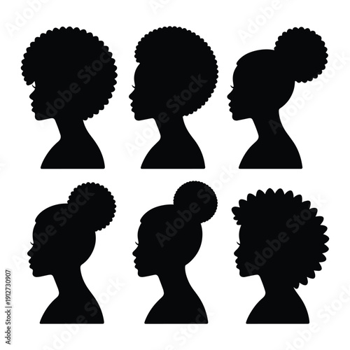 Collection of six black silhouette profile portraits of women with diverse afro hairstyles.