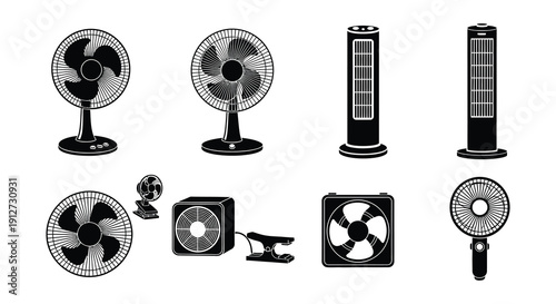 Collection of various black and white fan illustrations including pedestal and ceiling models