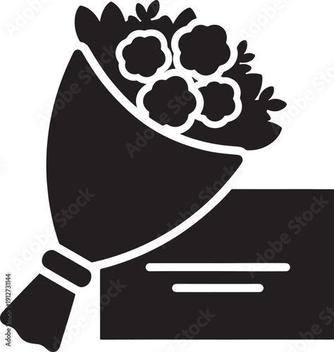 Black and white of whisk holding a bouquet of flowers