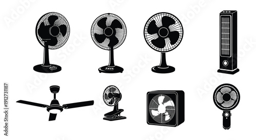 Collection of various black and white fan illustrations including pedestal and ceiling models