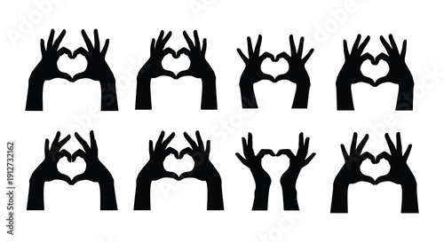 Silhouettes of hands forming heart shapes in a grid arrangement