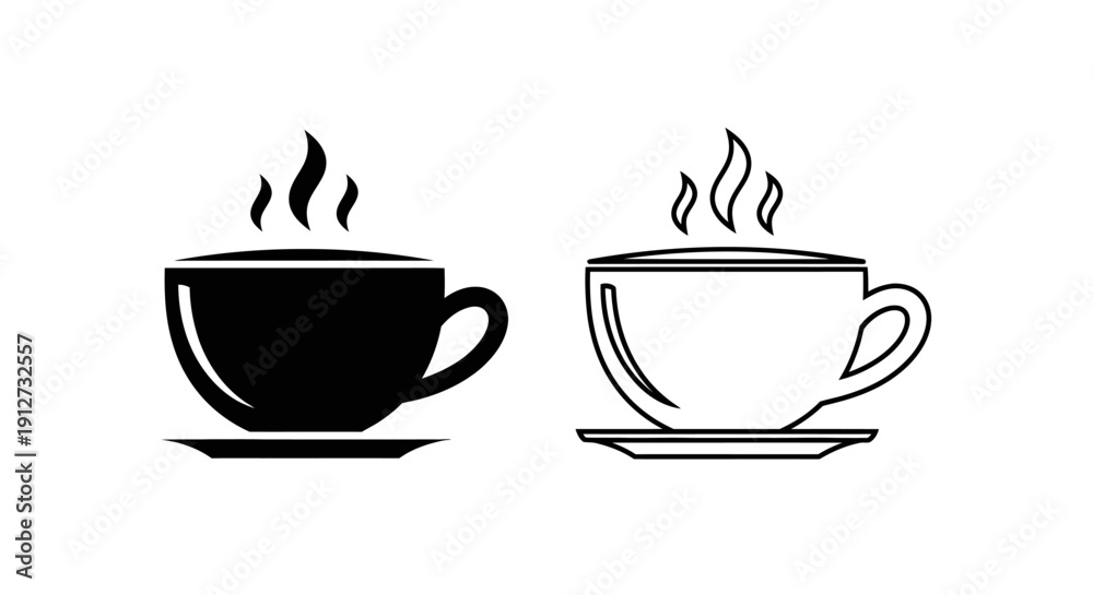 Obraz premium Two steaming coffee cups, black and white, minimalist design, vector illustration Vector