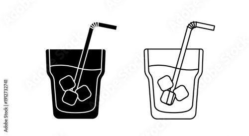 Two glasses with straws and ice cubes, one black and one white, vector illustration Vector