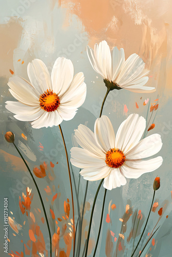 Painterly white cosmos flowers on an abstract pastel canvas