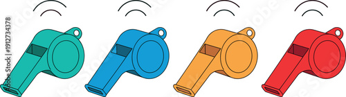 Colorful flat vector set of plastic sports whistles with sound waves for coaching, refereeing and safety use