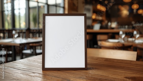 Blank menu template for text marketing promotion. Menu frame displayed on a wooden table in a restaurant setting for text