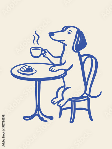 Dachshund drinking coffee at cafe table naive line art vector illustration