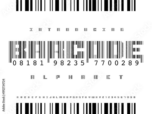 barcode style alphabet design with uppercase and numbers
