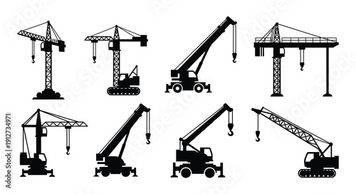 Collection of black silhouette construction cranes and heavy machinery