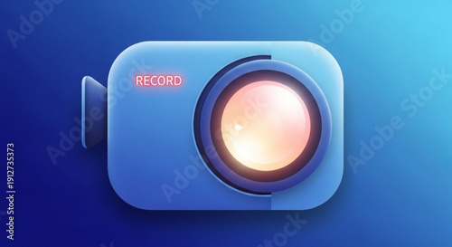 Blue video camera icon with glowing lens and record button on gradient background