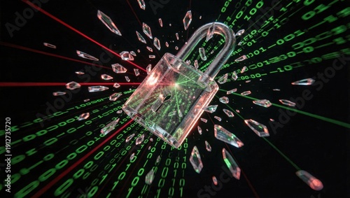 Exploding glass padlock shattering with neon binary data streams