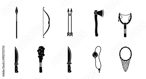 A collection of ancient weaponry depicted in a black and white illustration