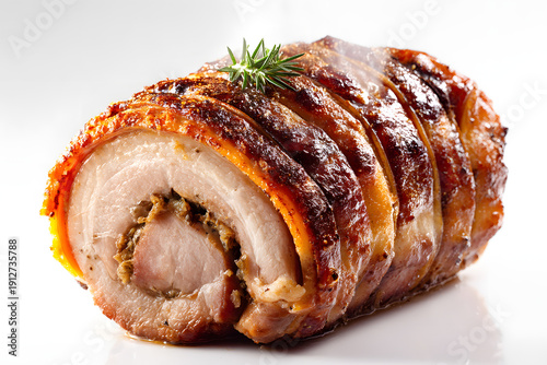 Wallpaper Mural Thick Spiral Slice of Porchetta Italian Roast Pork Isolated on White Background with Herb Garnish Torontodigital.ca