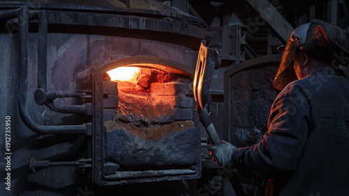 Fotografie Worker Handles Molten Metal