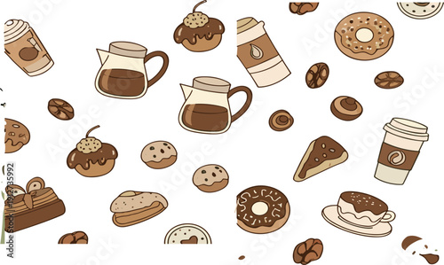 Cute Coffee and Bakery Doodle Set with Donuts Cupcakes Beans and Takeaway Cups Seamless Vector Collection