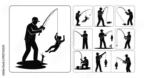 Silhouettes of fishermen casting lines shown in a repeating pattern