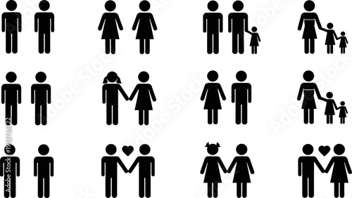 Diverse Set of Icons Representing Different Family Structures Including Same Sex Couples Single Parents And Families With Children Vector Illustration